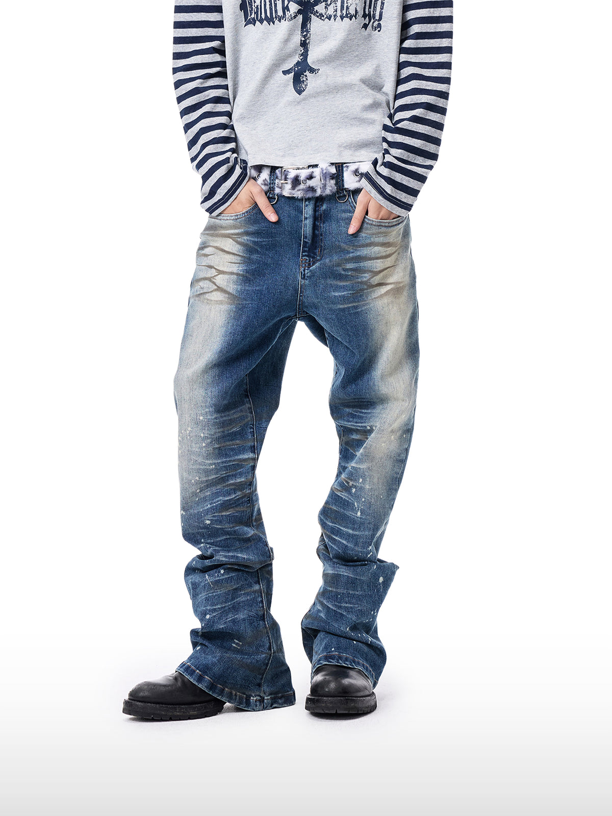 Distressed Washed Straight Denim